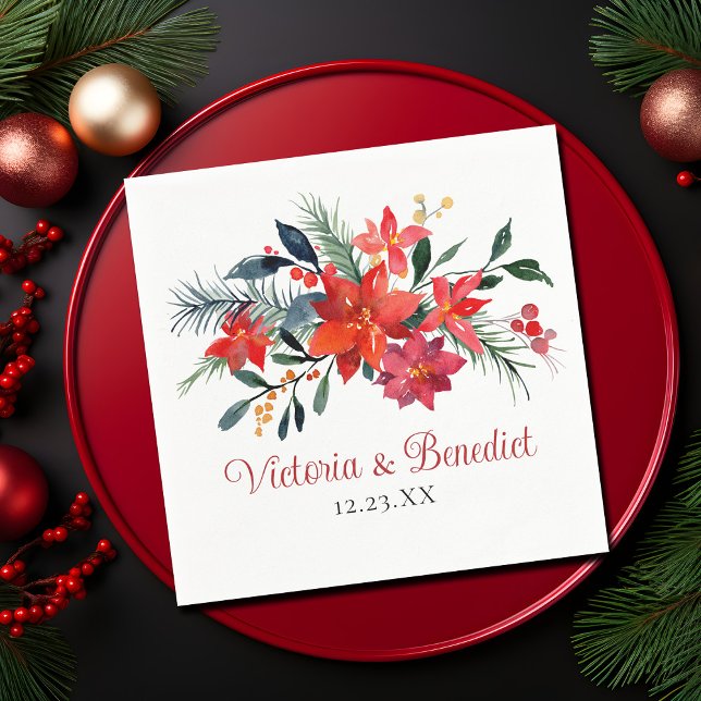 Red Christmas Poinsettia Elegant Floral Wedding Napkin (Creator Uploaded)