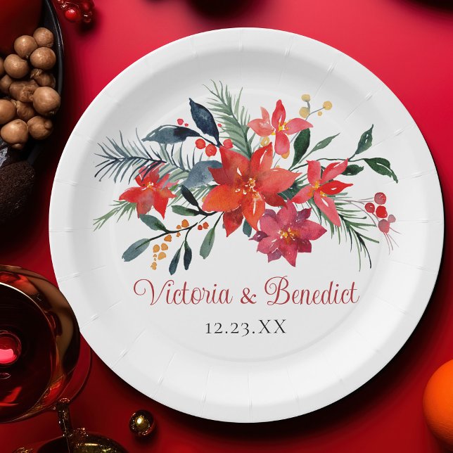 Red Christmas Poinsettia Elegant Floral Wedding Paper Plate (Creator Uploaded)