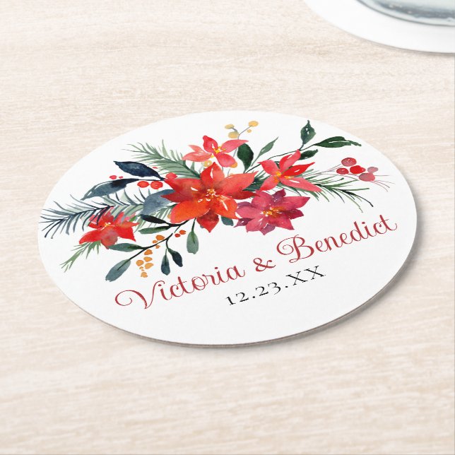 Red Christmas Poinsettia Elegant Floral Wedding Round Paper Coaster (Angled)