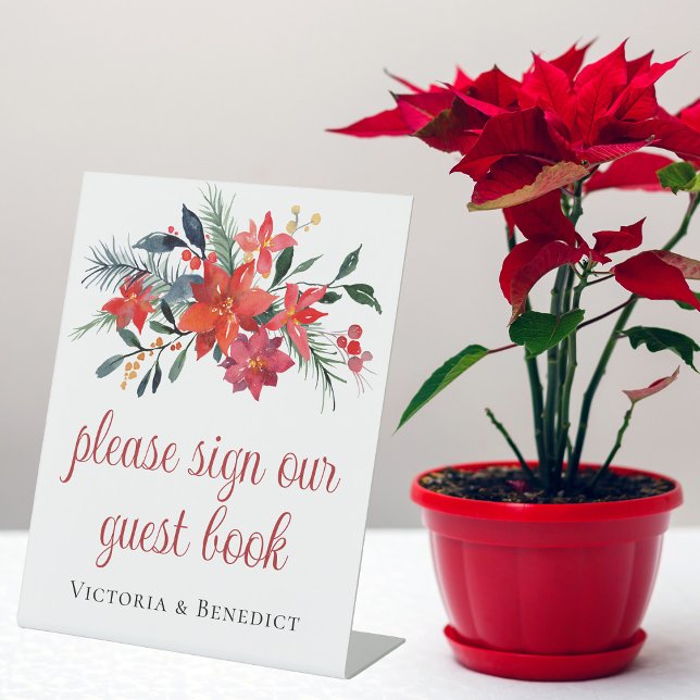 Red Christmas Poinsettia Floral Wedding Guest Book Pedestal Sign (Creator Uploaded)