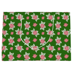 Red Christmas Poinsettia Flowers Green Wrapping Large Gift Bag