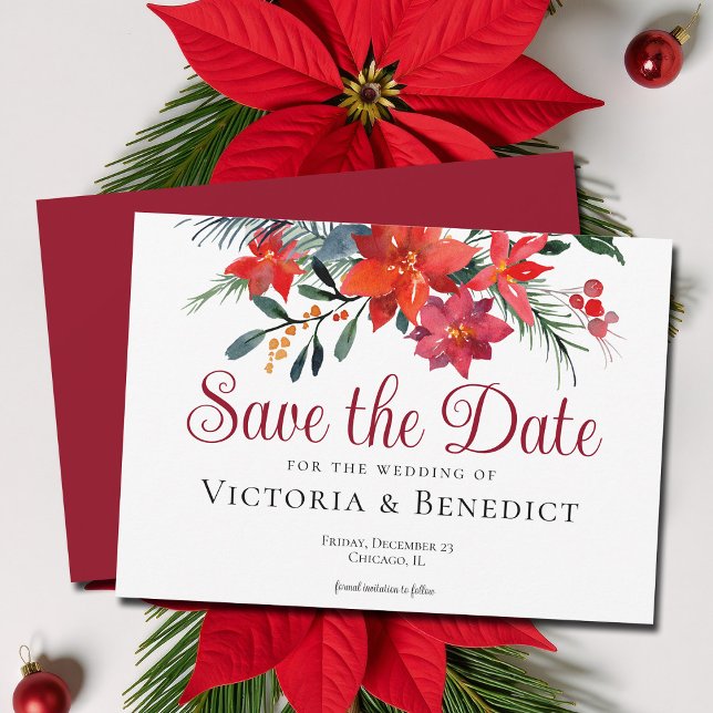 Red Christmas Poinsettia Holiday Save the Date Invitation (Creator Uploaded)