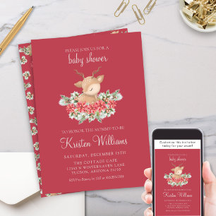 Red Christmas Poinsettia Little Deer Baby Shower Invitation