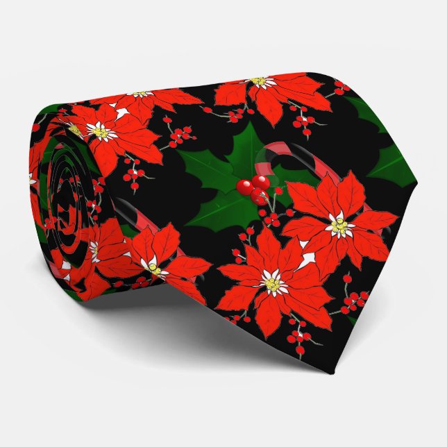 Red Christmas Poinsettia on Black Neck Tie (Rolled)