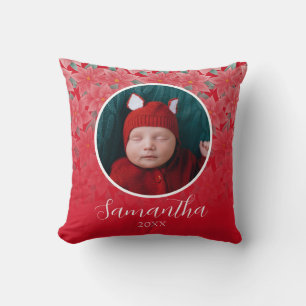 Red Christmas Poinsettia Personalised Baby Photo Cushion