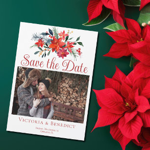 Red Christmas Poinsettia Photo Save the Date Magnetic Invitation