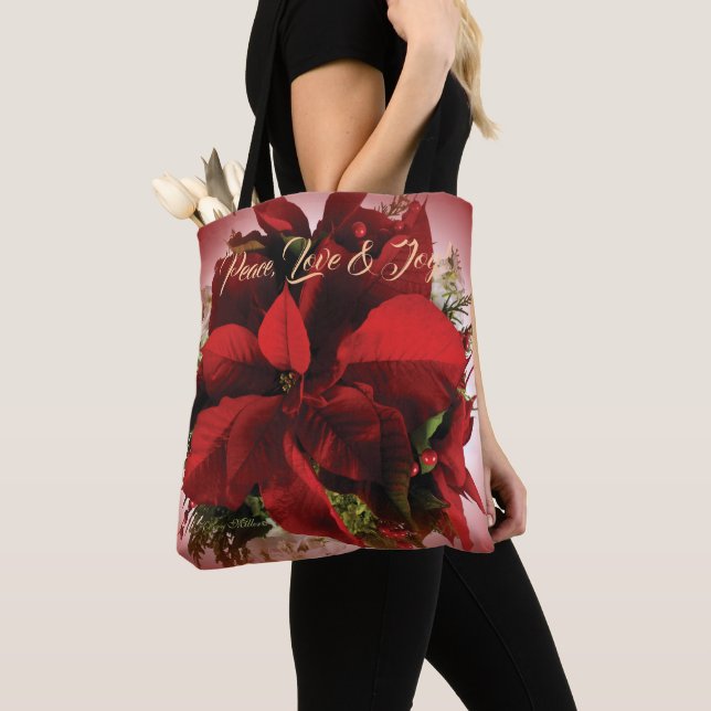 Red Christmas Poinsettia Tote Bag (Close Up)