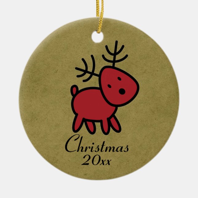 Red Christmas Reindeer Illustration Ceramic Tree Decoration (Front)