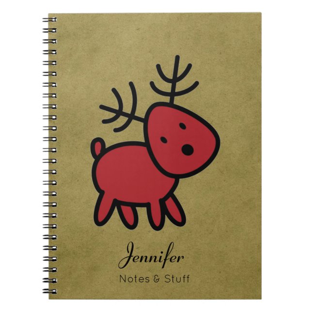 Red Christmas Reindeer Illustration Custom Notebook (Front)