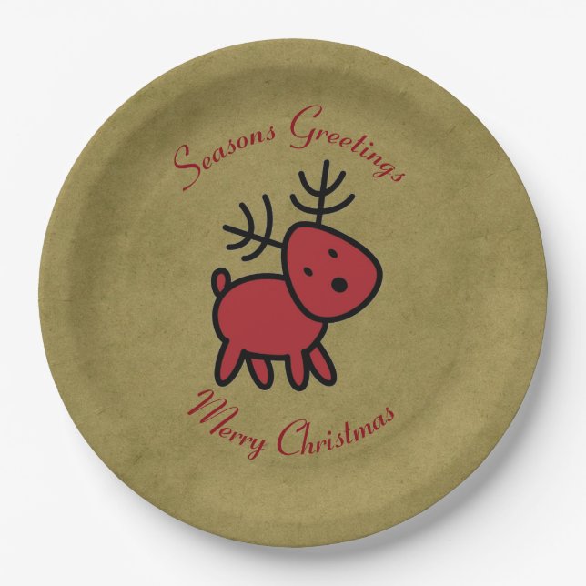 Red Christmas Reindeer Illustration Paper Plate (Front)
