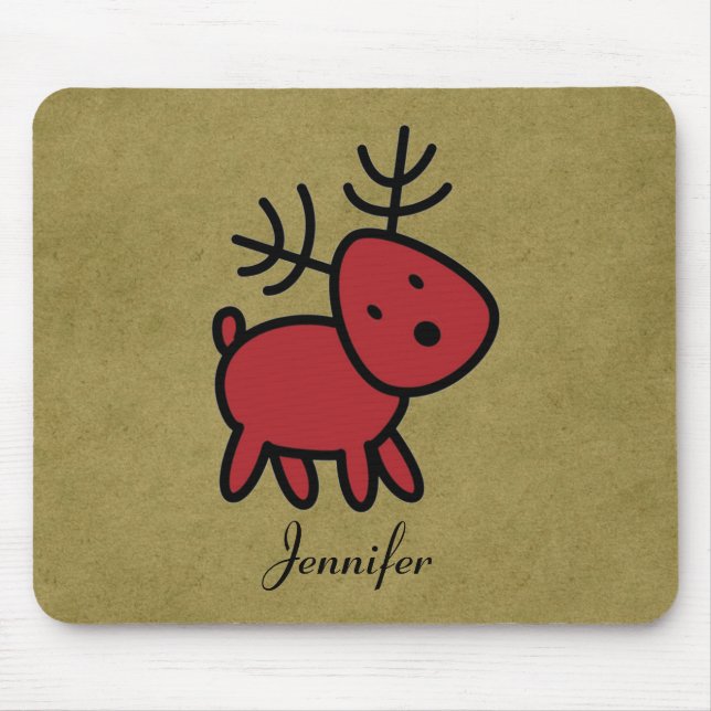 Red Christmas Reindeer Illustration Personalised Mouse Pad (Front)