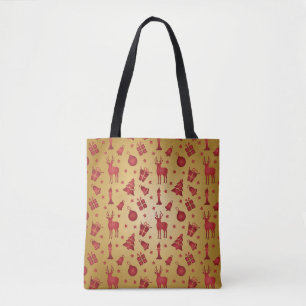 Red Christmas reindeer on Gold Tote Bag
