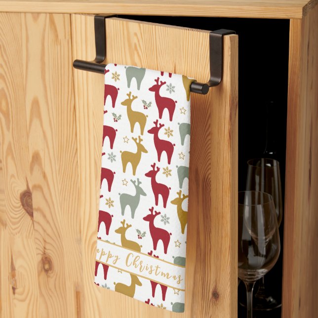 Red Christmas Reindeer Pattern#12 ID1009 Tea Towel (Thirds Fold)