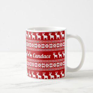 Red Christmas Reindeer Snowflake Pattern Monogram Coffee Mug