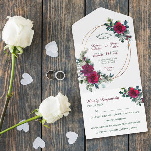 Red Christmas Rose Gold Frame Wedding  All In One Invitation