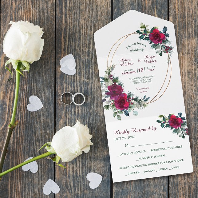 Red Christmas Rose Gold Frame Wedding  All In One Invitation (Creator Uploaded)