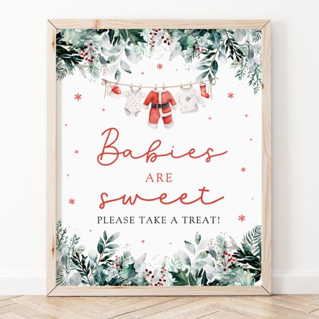 Red Christmas Santa Babies Are Sweet Take a Treat Poster (Watercolor Red Christmas Santa Babies Are Sweet Take a Treat Sign)