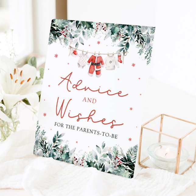 Red Christmas Santa Baby Shower Advice and Wishes Pedestal Sign (Watercolor Cute Red Christmas Santa Baby Shower Advice and Wishes Sign)