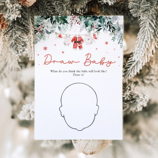 Red Christmas Santa Baby Shower Draw Baby Game Invitation (Watercolor Red Christmas Santa Baby Shower Draw Baby Game)