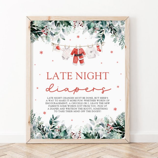 Red Christmas Santa Baby Shower Late Night Diapers Poster (Watercolor Red Christmas Santa Baby Shower Late Night Diapers Sign)