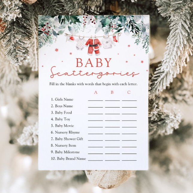 Red Christmas Santa Baby Shower Scattergories Game Invitation (Watercolor Cute Red Christmas Santa Baby Shower Scattergories Game)