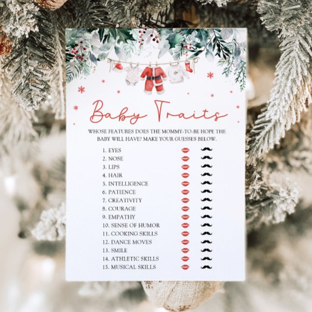 Red Christmas Santa Baby Traits Baby Shower Game Invitation (Watercolor Cute Red Christmas Santa Baby Traits Baby Shower Game)