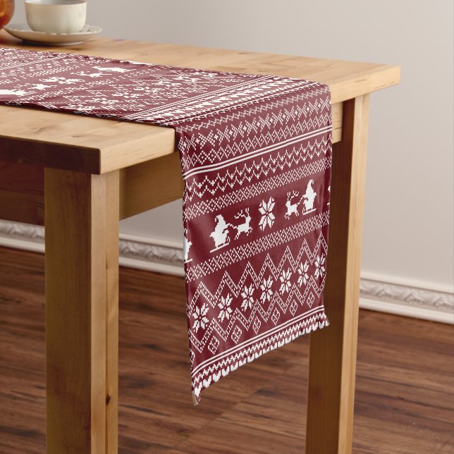 Red Christmas Santa Claus Sweater Pattern Short Table Runner (In Situ)