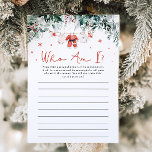 Red Christmas Santa Who Am I Baby Shower Game Invitation<br><div class="desc">The Red Santa Baby Christmas Who Am I Baby Shower Game adds a festive and fun twist to your holiday-themed baby shower! Featuring an adorable design with red Santa baby clothes, delicate red snowflakes, and winter greenery eucalyptus, this game invites guests to guess the identity of famous people, characters, or...</div>