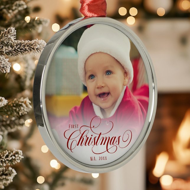 Red Christmas Script Photo Ornament (Creator Uploaded)