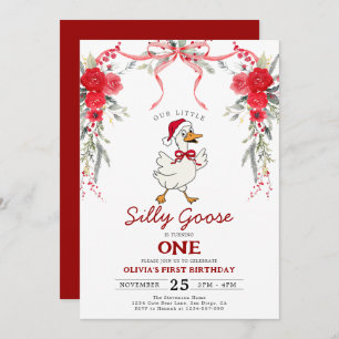 Red Christmas Silly Goose Girl 1st Birthday Invitation