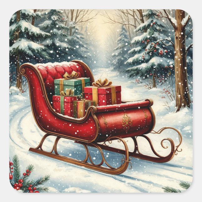 Red Christmas Sleigh In Snowy Evergreen Forest Square Sticker (Front)