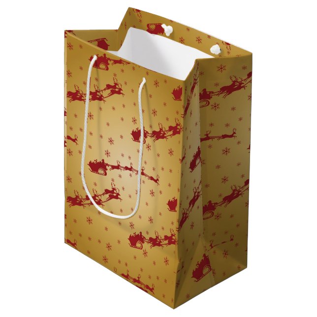 Red Christmas sleigh on Gold Medium Gift Bag (Front Angled)