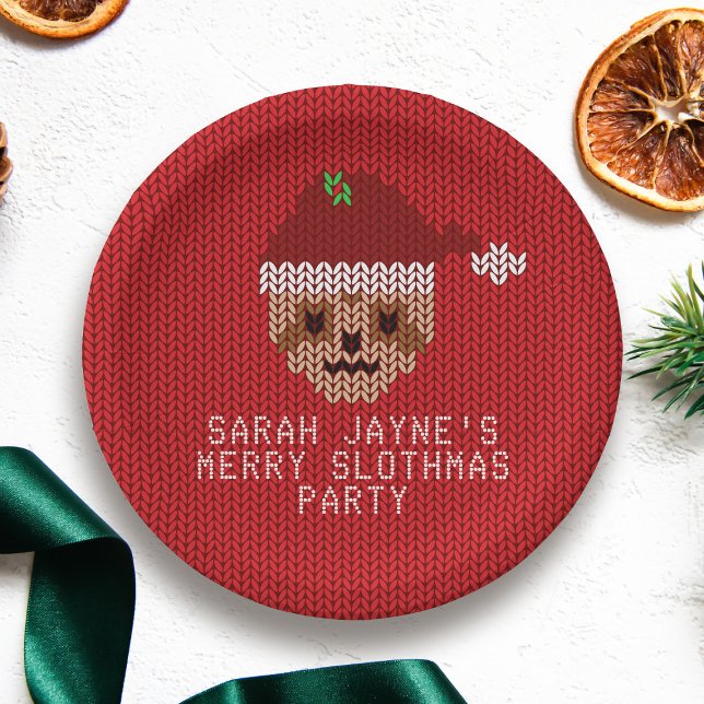 Red Christmas Sloth Party Paper Plates (For your festive Sloth Party. Just add your name!)