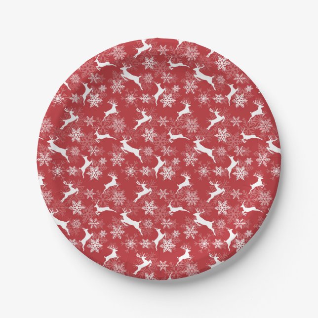 Red Christmas snowflakes deer pattern Paper Plate (Front)