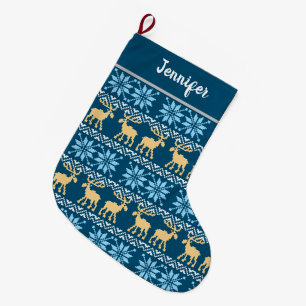 Red Christmas Snowflakes Elk Nordic Blue Pattern Large Christmas Stocking