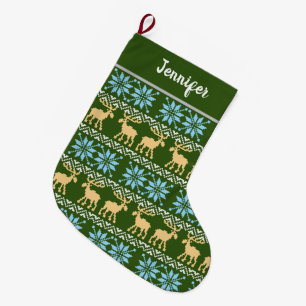 Red Christmas Snowflakes Elk Nordic Green Pattern Large Christmas Stocking