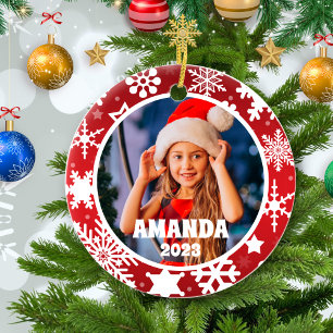 Red Christmas Snowflakes Personalised Kids Photo Ceramic Tree Decoration