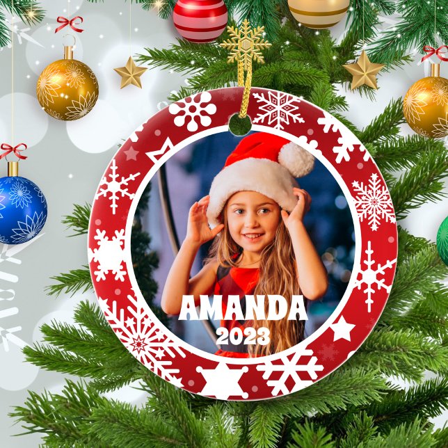 Red Christmas Snowflakes Personalised Kids Photo Ceramic Tree Decoration (Creator Uploaded)