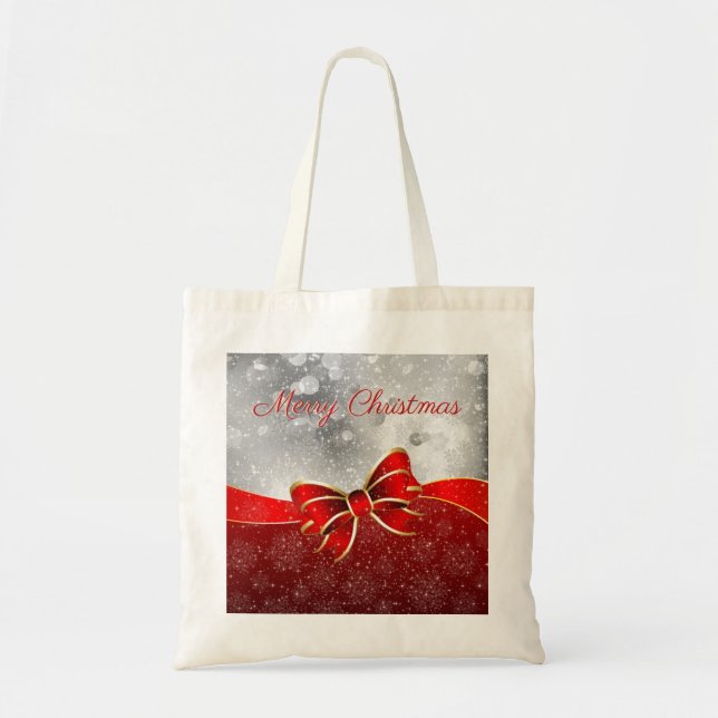 Red Christmas Sparkles Bow Silver Glitter Tote Bag (Front)