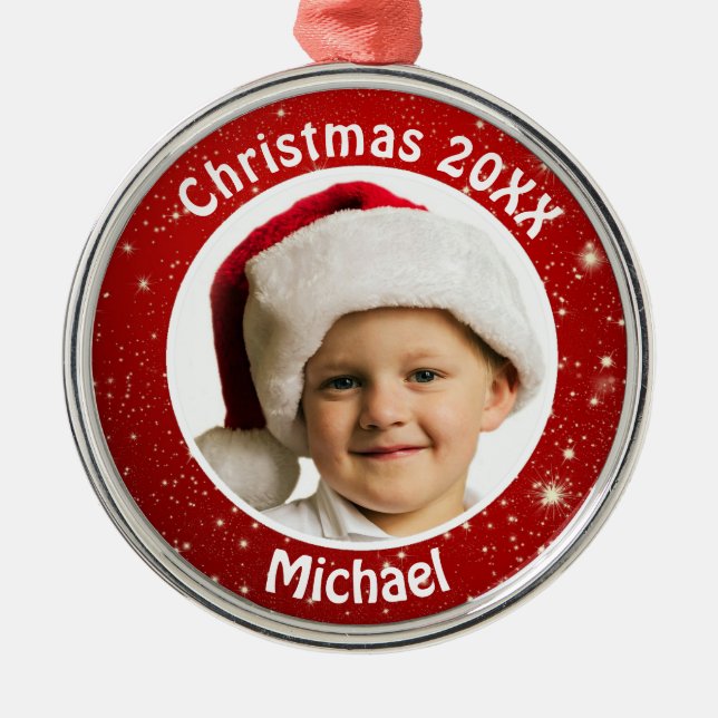 Red Christmas Sparkles Custom Photo Personalised Metal Tree Decoration (Front)