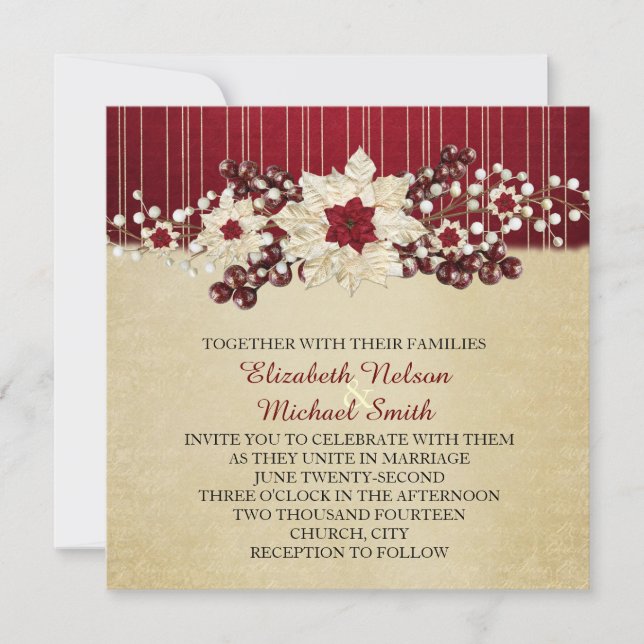 Red Christmas Star Damask Gold Wedding Invitation (Front)