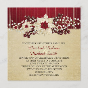 Red Christmas Star Damask Gold Wedding Invitation