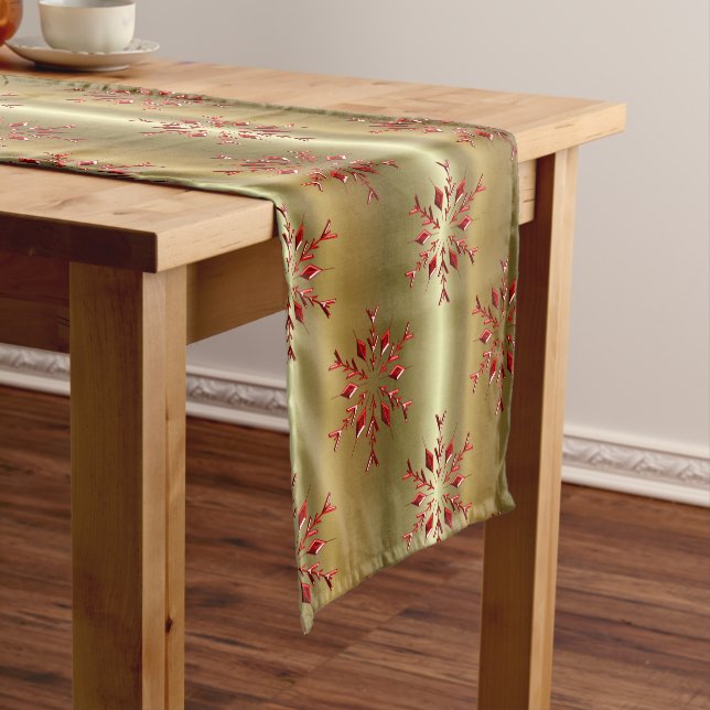Red Christmas Stars on Gold Short Table Runner (In Situ)