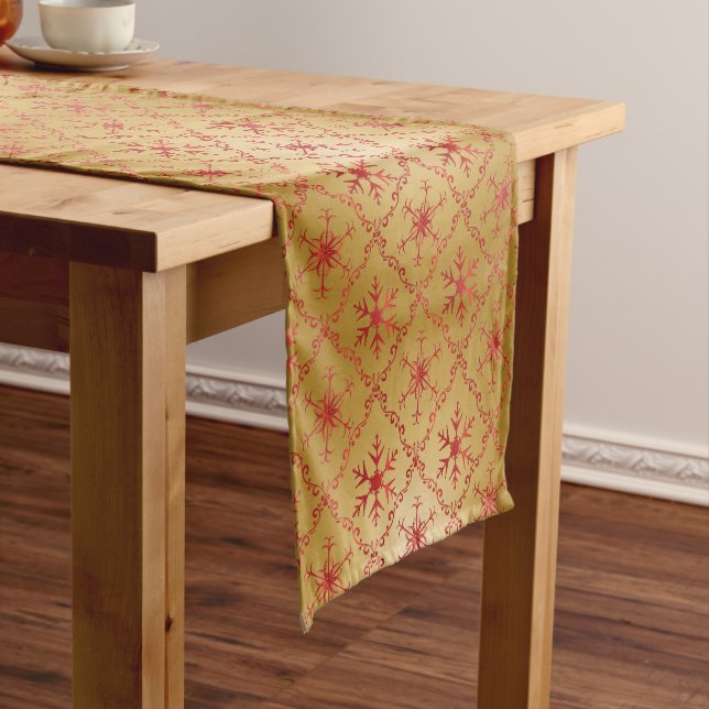Red Christmas Stars on Gold Short Table Runner (In Situ)