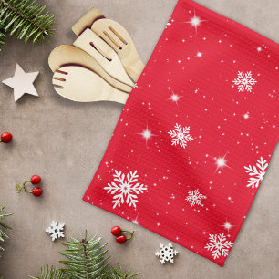Red Christmas Stars Snowflakes Pattern Tea Towel