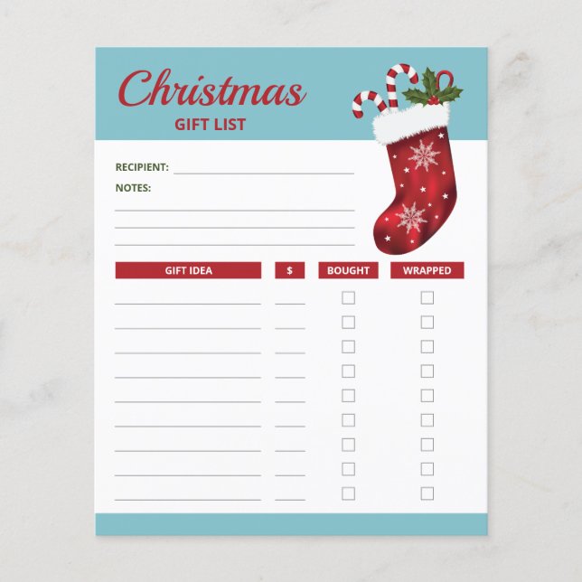 Red Christmas Stocking - Christmas Gift List Plans (Front)
