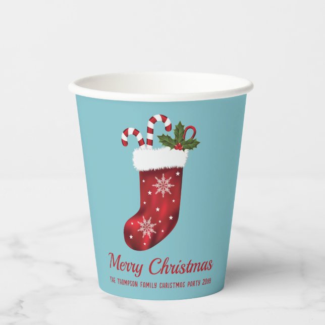 Red Christmas Stocking On Blue Merry Christmas Paper Cups (Front)