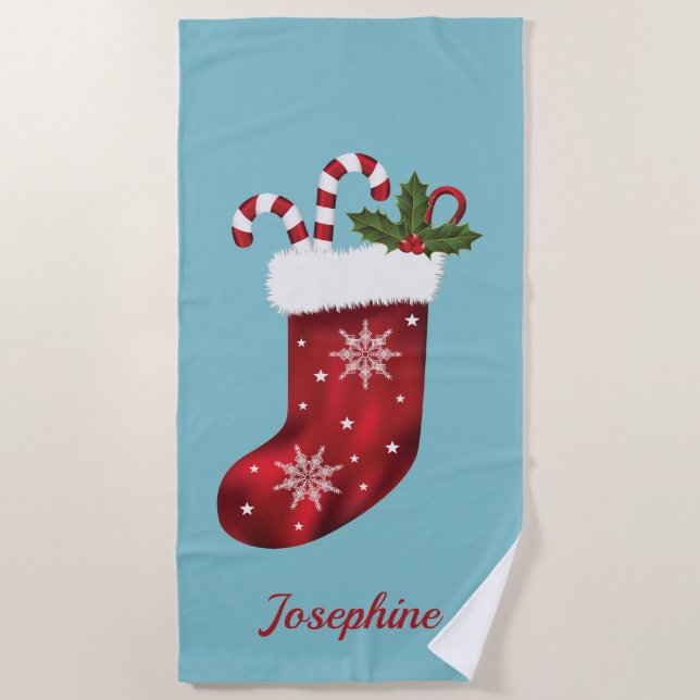 Red Christmas Stocking On Blue With Custom Text Beach Towel (Front)