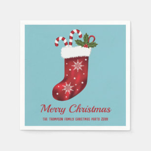 Red Christmas Stocking On Blue With Custom Text Napkin