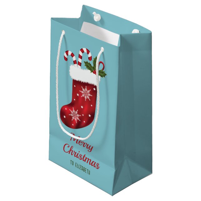 Red Christmas Stocking On Blue With Custom Text Small Gift Bag (Front Angled)